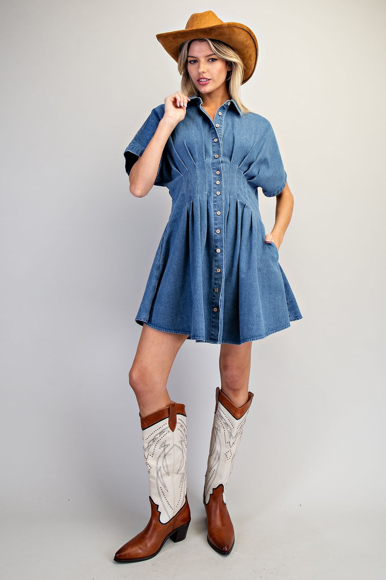 Beckley Pleated Button Down Denim Mini Dress L
