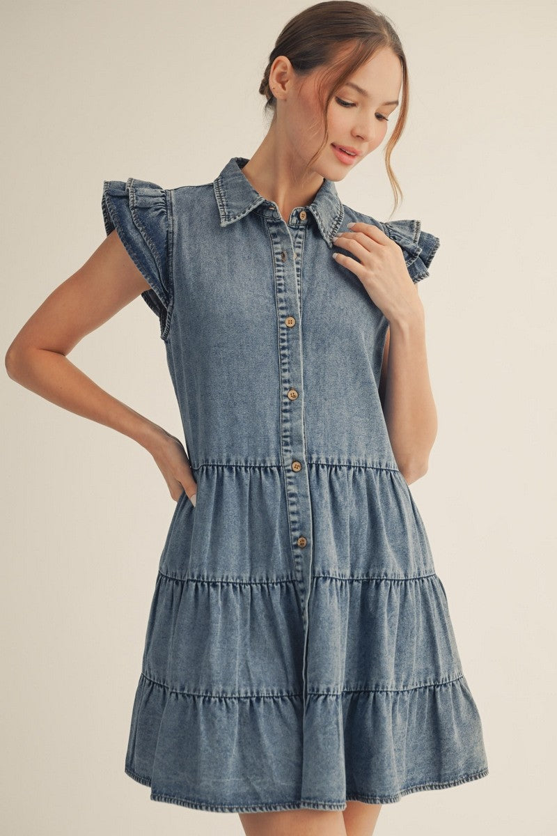 True Button Down Tiered Washed Denim Dress