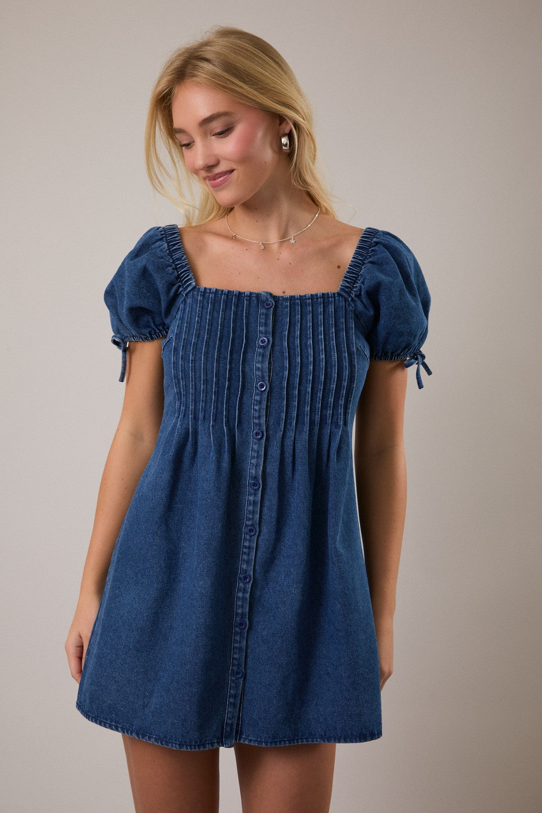 Puff Sleeve Pintuck Detail Denim Mini Dress – Rooted Cowgirl Boutique