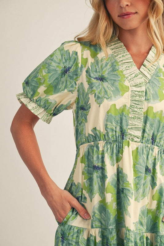 Ivy Ruffled Neckline Tiered Floral Midi Dress