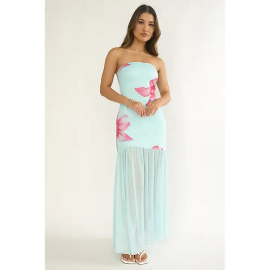 Blue Ridge Strapless Floral Open Back Maxi Dress