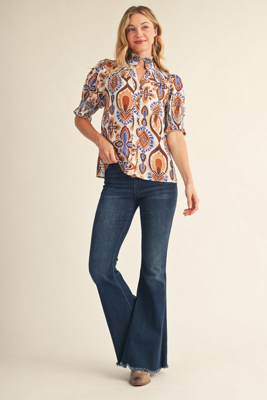 Ezra Smocking Detail Boho Print Blouse