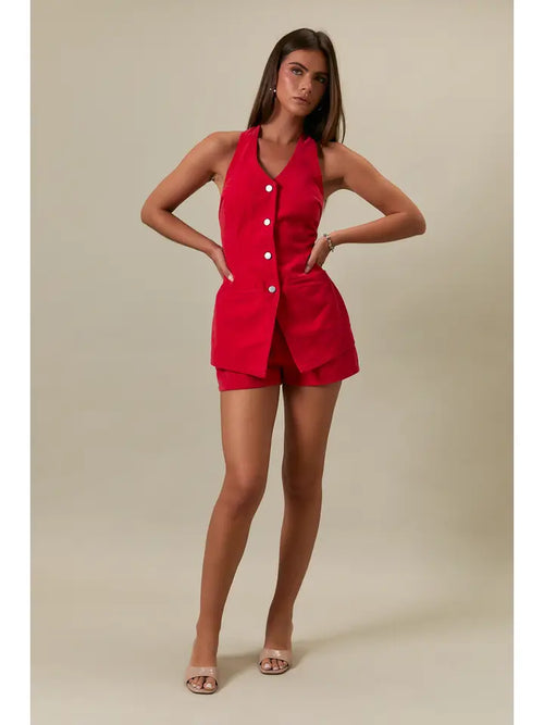 Cherry Bomb Vest-Style Romper with Micro Shorts