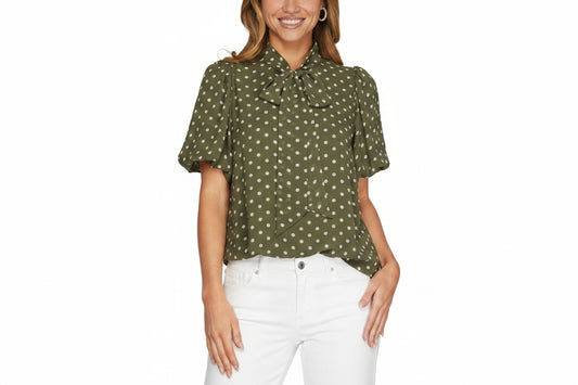 Rally Puff Sleeve Woven Polka Dot Top With Bow