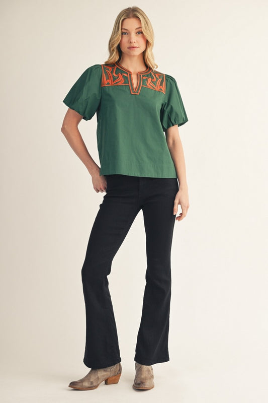 Tower Puff Sleeves Embroidered Woven Top