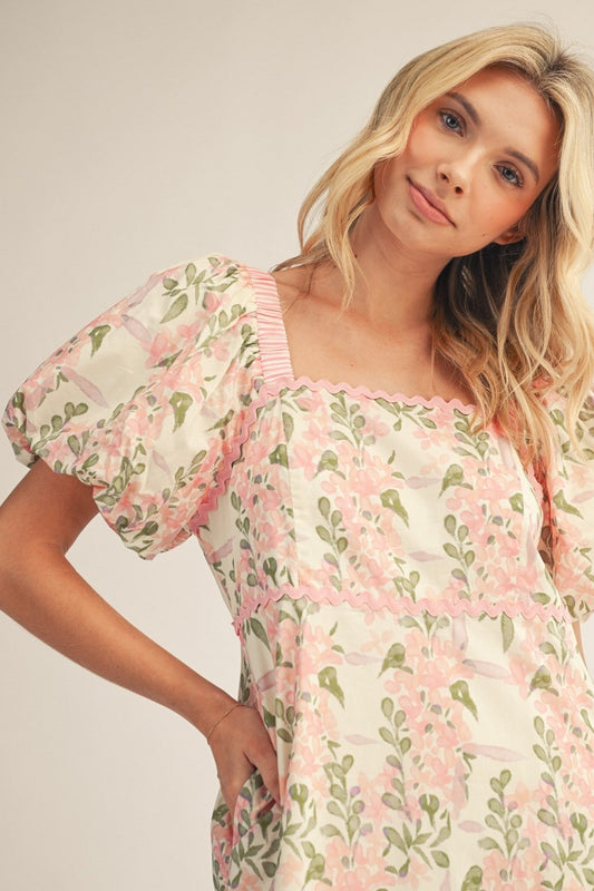 Rose Puff Sleeves Floral Midi Dress