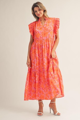 Regan Ruffle Sleeves Tropical Floral Midi Dress