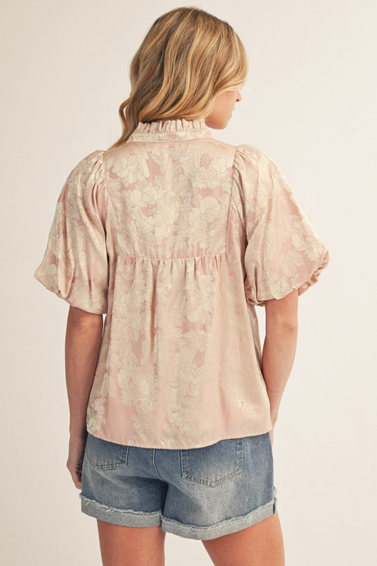 Bronx Puff Sleeves Ruffled Neck Floral Jacquard Top