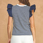 Corbin Textured Stripe Bubble Ruffle Sleeve Knit Tee Top