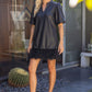 Cinna Metallic Feather Fringe Hem Faux Leather Dress