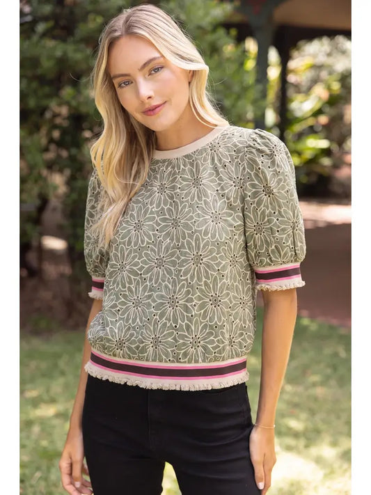 Eugene Stripe Band Detail Floral Eyelet Top