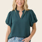 Jade Frilled Neck Bubble Sleeve Solid Top