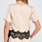 Hopins Lace Trim Short Sleeve Satin Tee Top