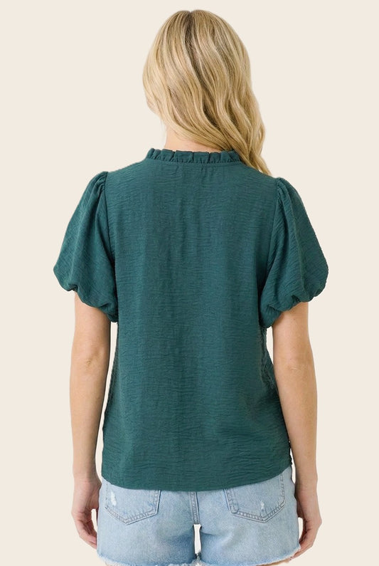 Jade Frilled Neck Bubble Sleeve Solid Top