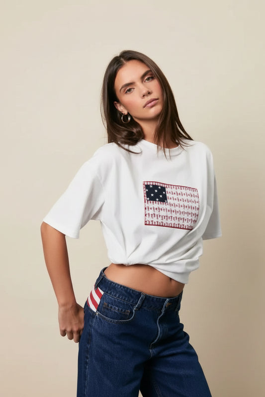 Lazy Oversized Basic Top With USA Flag Graphic