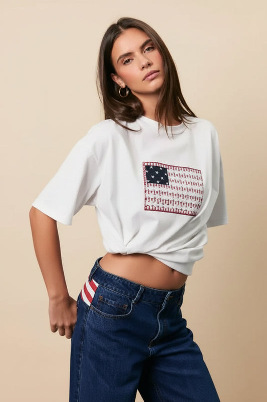 Dependable Oversized Basic Top With USA Flag Graphic Tee