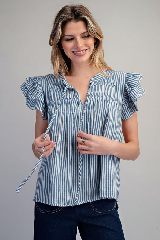 Wheeling Striped Flutter Sleeve Notched Neck Blouse