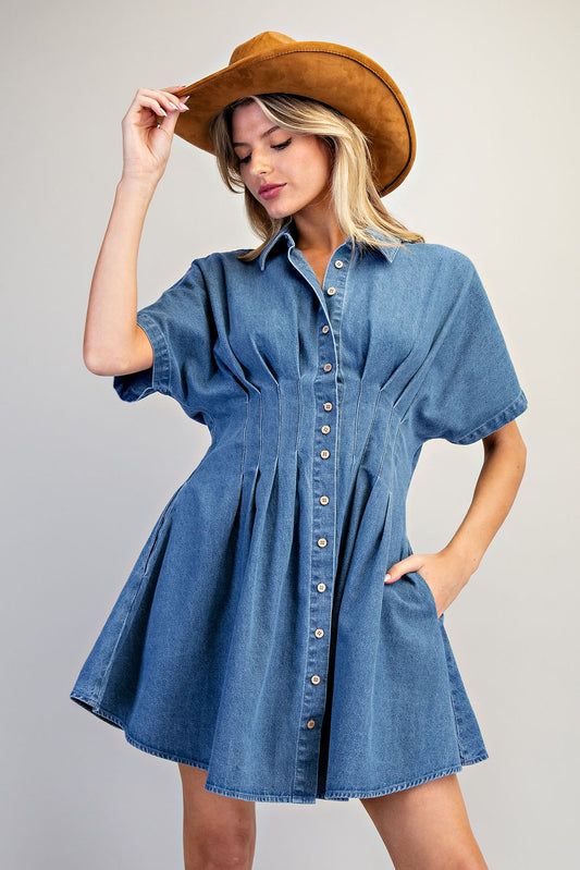 Beckley Pleated Button Down Denim Mini Dress
