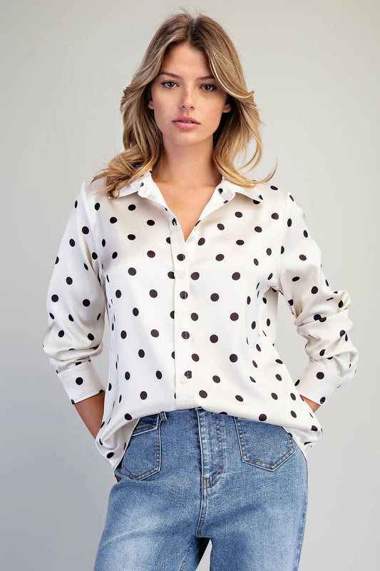 Greta Long Sleeve Satin Polka Dot Blouse