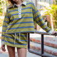 Beat Polo Top Mineral Washed Striped Long Sleeve Polo Top