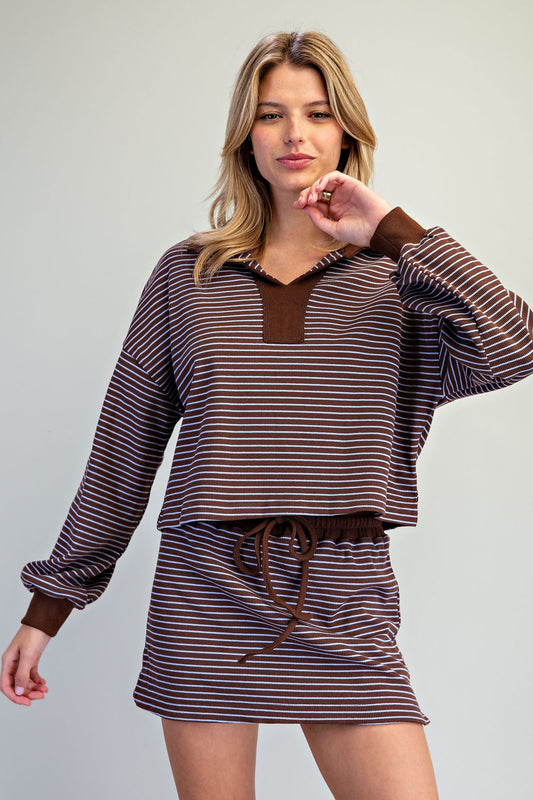 Skip Top Striped Collared V Neck Pullover