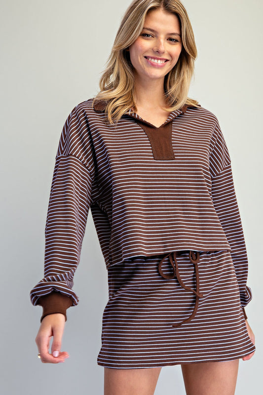 Skip Top Striped Collared V Neck Pullover