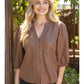 Celebration 3/4th Sleeve Button Down Solid Faux Leather Top