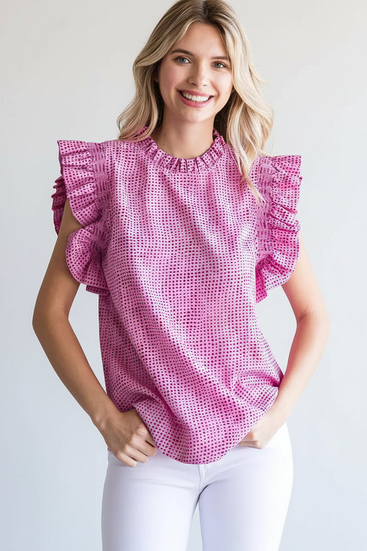 Irregular Dot Print Frill Mock Neckline Blouse