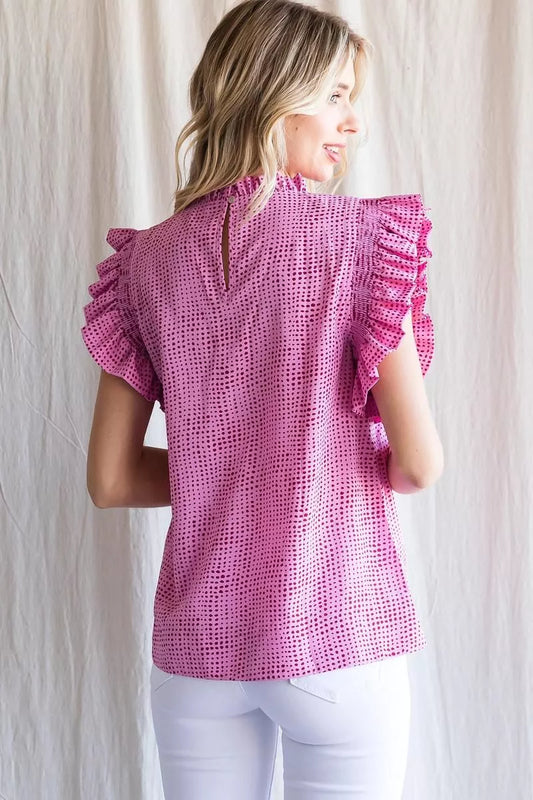 Irregular Dot Print Frill Mock Neckline Blouse