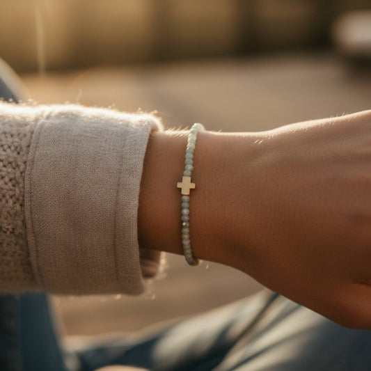 Faith Over Fear 3mm Faceted Amazonite Bracelet w/ Cross