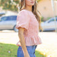 Covington Wavy Smocking Detail Short Puff Sleeve Top