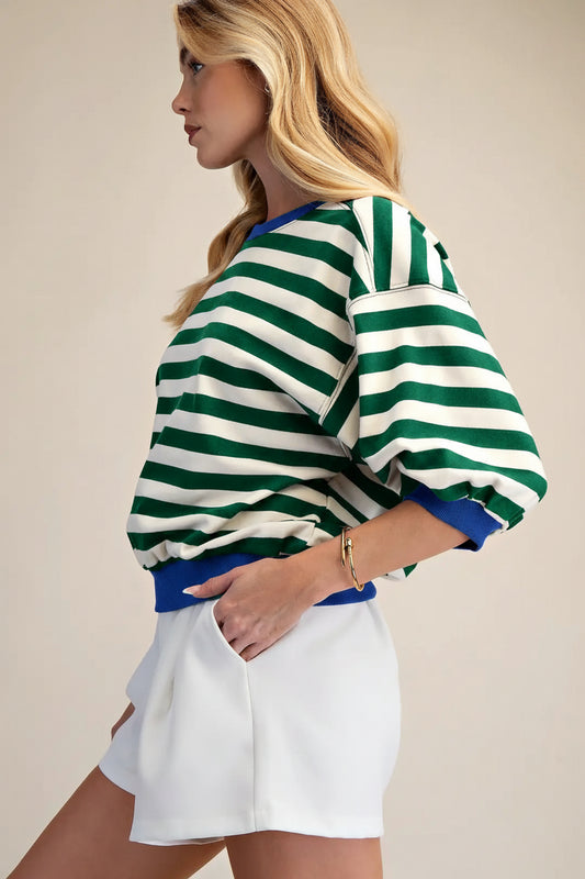 Some Stripe Sweatshirt Round Neck Bubble Sleeve