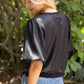 Park City Ribbed Knit Band Solid Faux Leather Top