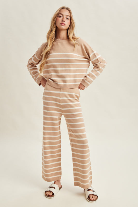Coffee Pants Striped with Elastic Waistband and Side Pockets