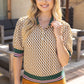 Golden Quarter Button Stripe Band Checker Print Knit Top