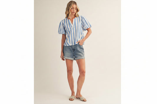 Charity Puff Sleeves Button Back Stripe Top