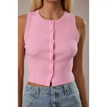 Abbot Sleeveless Round Neck Button Down Ribbed Sweater Top