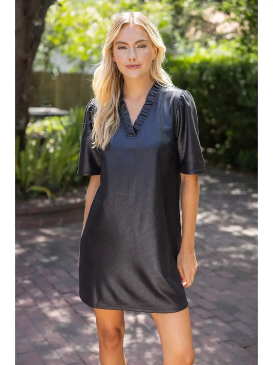 Ruffled V-Neck Solid Faux Leather Shift Dress