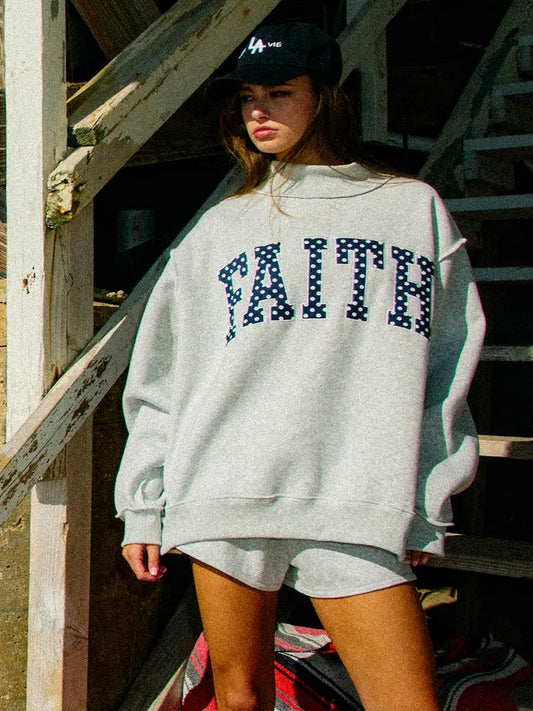 Faith Embroidered Polka-Dot Mock Neck Sweatshirt