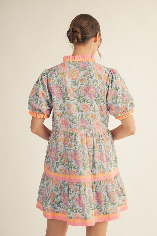 Tuesday Solid Contrast Detail Tiered Floral Dress
