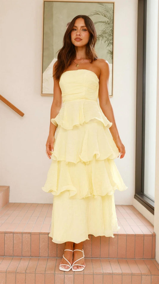 Gretchen Strapless Ruffled Scalloped Edge Layered Midi Dress