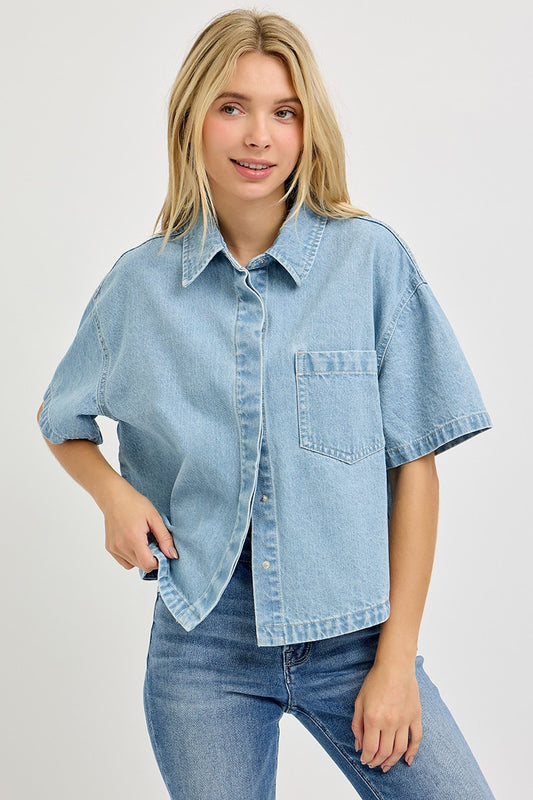 Closure Oversized Half Sleeve Cropped Denim Shirts