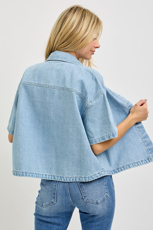 Closure Oversized Half Sleeve Cropped Denim Shirts