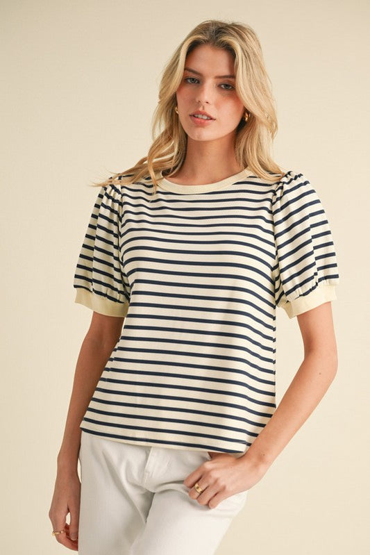 Notice Striped Print Short Sleeves Top