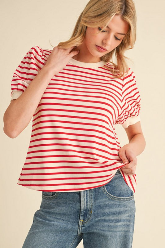 Notice Striped Print Short Sleeves Top