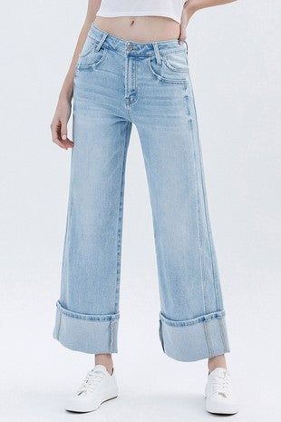 Light Wild Horse High Rise Cuffed Panel Baggy Wide Jeans