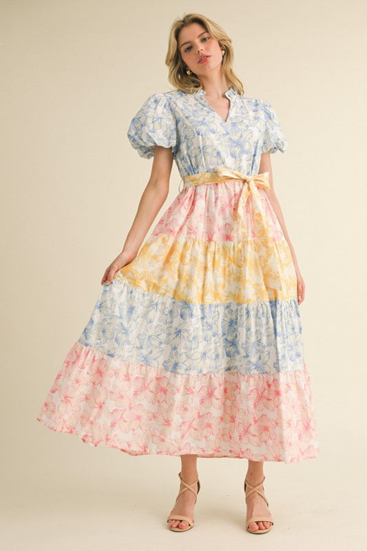 Arizona Multicolored Flower Tiered Maxi Dress