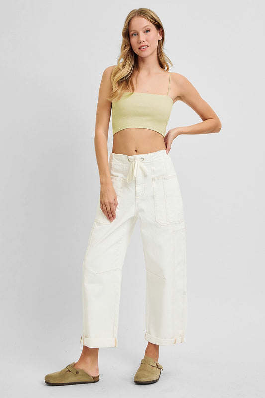 Lola Cream High Rise Crop Wide Barrel Cargo Pocket Jeans by Risen