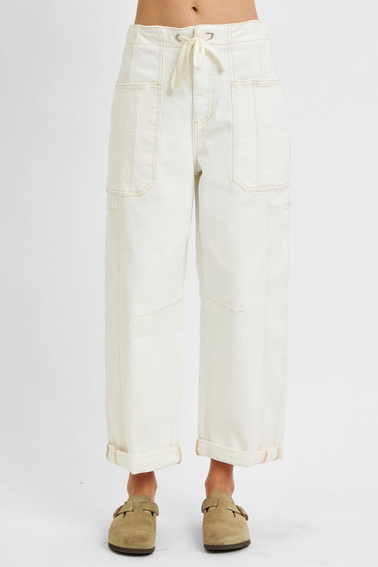 Lola Cream High Rise Crop Wide Barrel Cargo Pocket Jeans by Risen