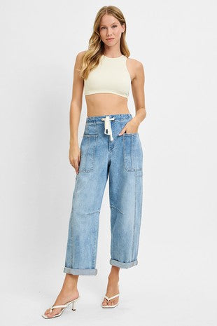 Lola Denim High Rise Crop Wide Barrel Cargo Pocket Pants by Risen